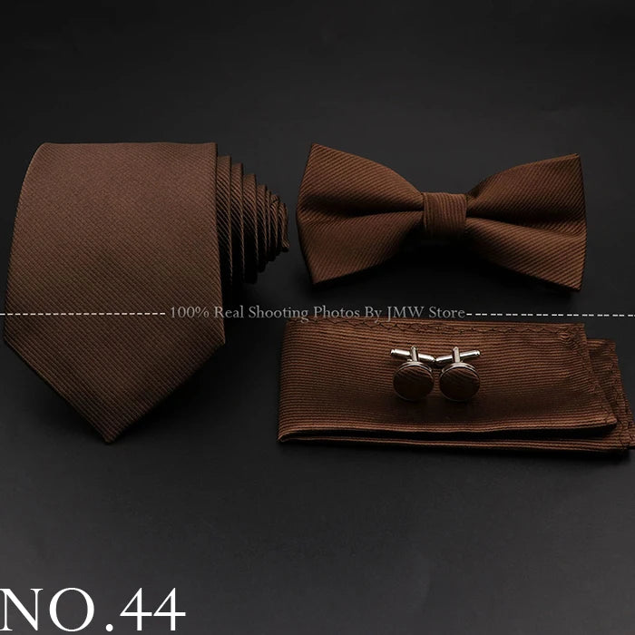 Hot Sale Red Blue Tie Set Polyester Slim Striped Necktie Bowtie Cufflink Brooch For Groom Suit Wedding Cravat Shirt Accessory