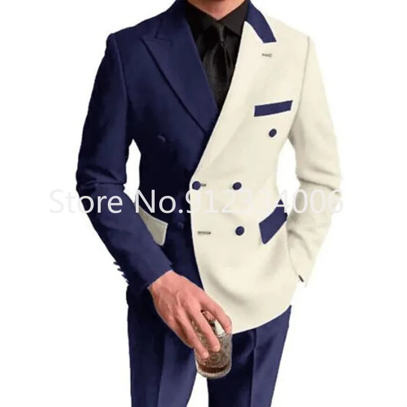 Elegant Black White Men Suit Slim Fit Peak Lapel Double Breasted 2 Piece Formal Groom Wedding Tuxedos Blazer+Pants Costume Homme