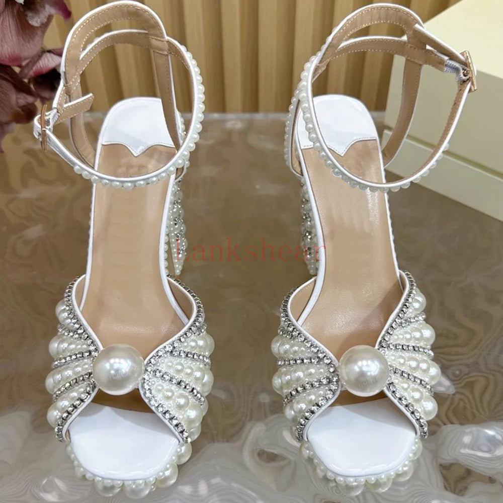 Pearl Crystal Platform Sandals Sexy Square Teoe Thick Heel Anke Strap New Arrivasl Fashion Women Modern Runway Shoes