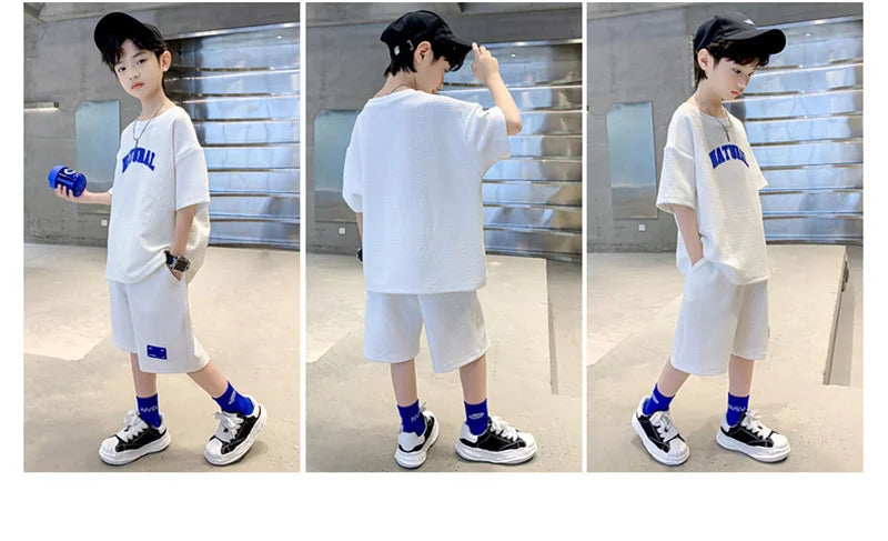Boys Summer Casual Sets Thin Handsome T-shirt + Loose Shorts 2Pcs Kids Sportswear Loungewear Outfit Teenager Suit 5-14 Years