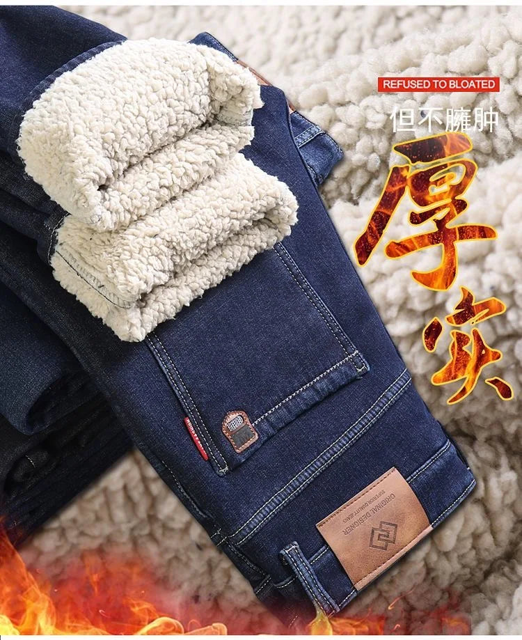 Winter New Fashion Trend Solid Color Plus Plush Thick Warm Jeans For Men's Casual Loose Sports Straight Leg Elastic Jeans 28-40
