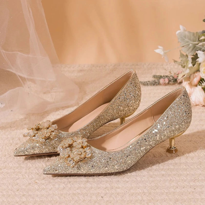 Ladies Pumps Pointed Toe Silver Rhinestone Low Heel Elegant Women's Shoes Bride Footwear 39 Vacation 2025 Trend on Offer Slip