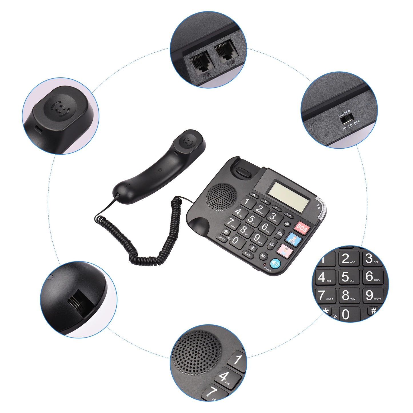 Black Corded Phone with Big Button Desk Landline Phone Telephone Support Hands-Free/Redial/Flash/Speed Dial/Ring Volume Control