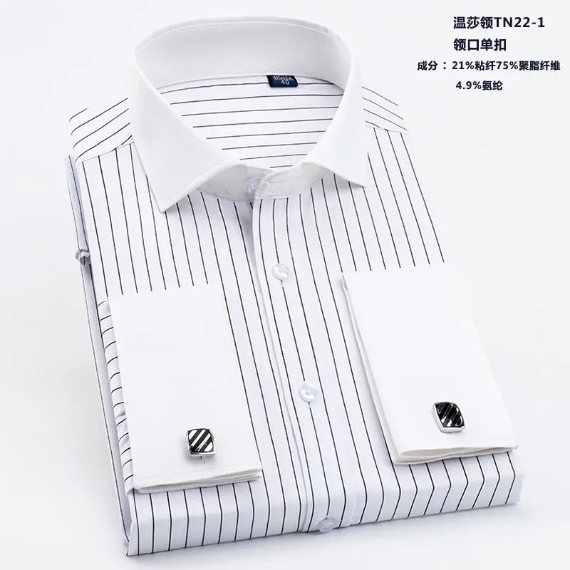 Spring Autumn Men's French Cufflinks Business Dress Shirt Sleeve Pin Solid Color Non-iron Shirts Slim Fit Party Men's Wear