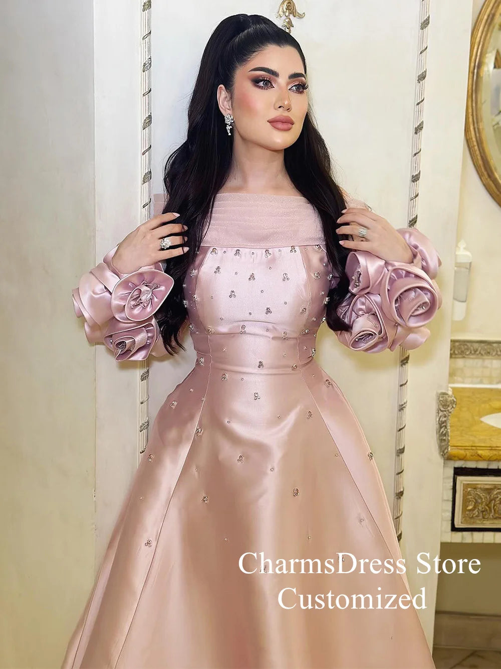Pink Arabic Evening Dress Customized Boat Neck Flowers Long Sleeves Crystal A Line Satin Prom Gown Special Occasion Dresses