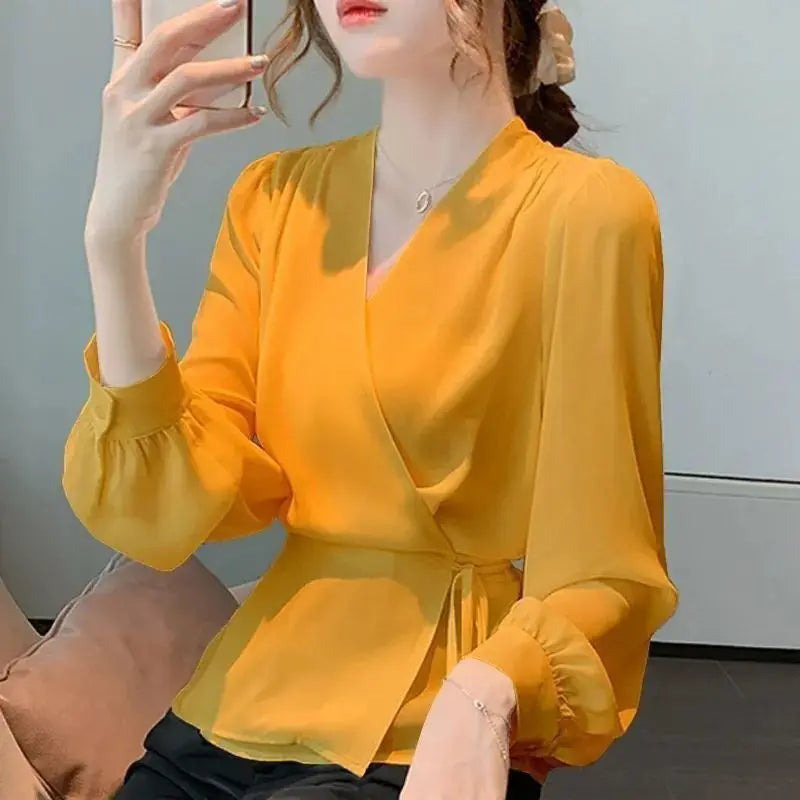 Stylish V-Neck Solid Color All-match Bandage Chiffon Shirt Women's Clothing 2025 Spring New Loose Korean Tops Irregular Blouse