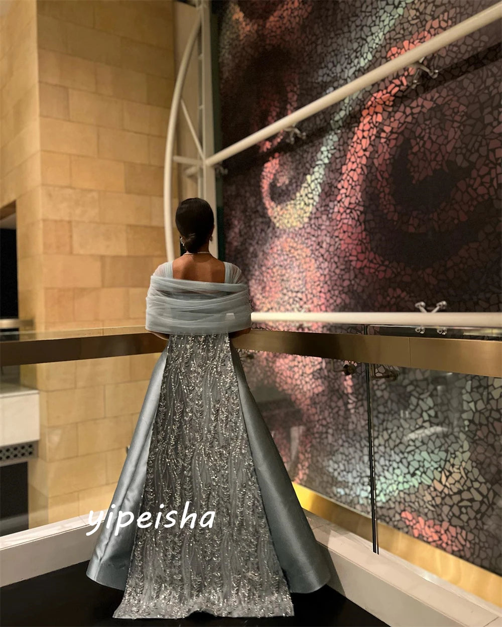 Customized Elegant Off-the-shoulder A-line Celebrity Dress Beading Paillette / Sequins Tulle Charmeuse Evening