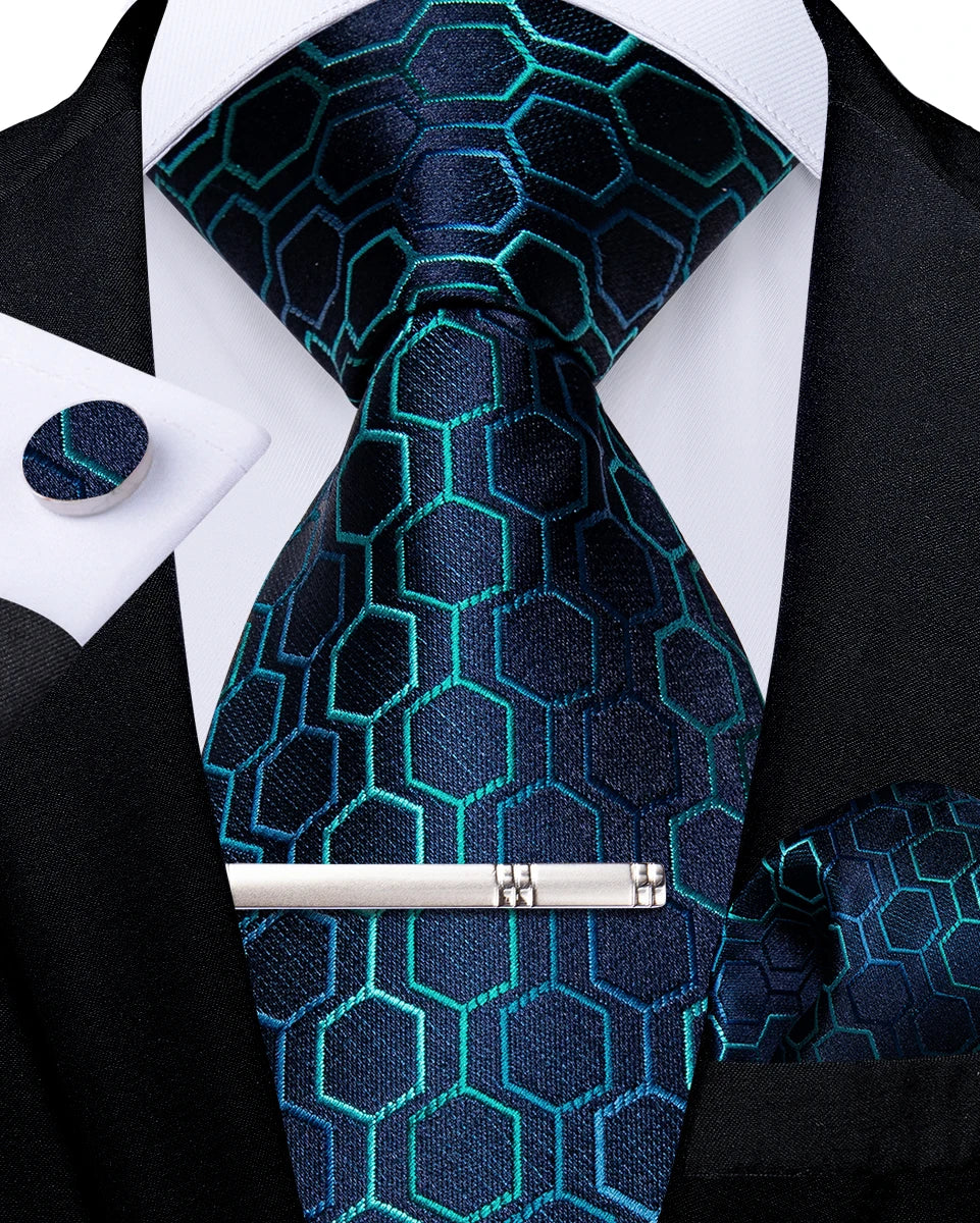 Men's Tie Set with Clip Luxury Retro Striped Floral 8cm Necktie Handkerchief Cufflinks Wedding Party Business Accessories Gift