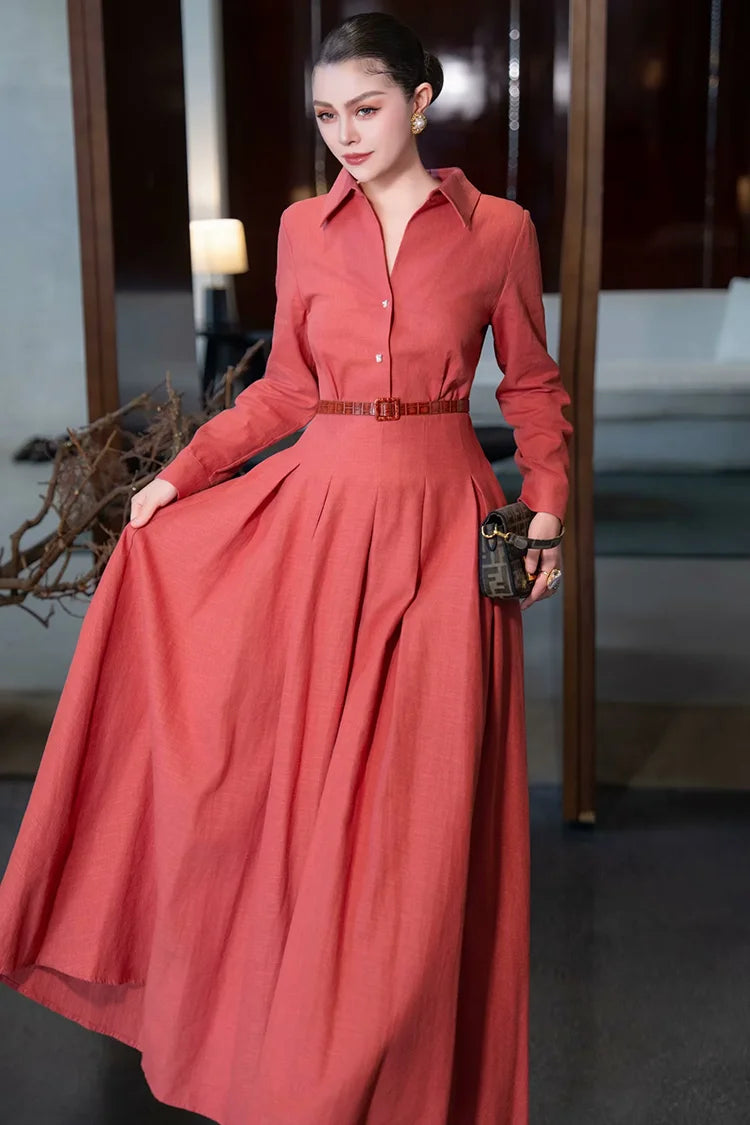 LD LINDA DELLA Elegant Commuter Solid Color Women's Dress Autumn Winter Turn-Down Collar Lace-UP linen long sleeves Dresses