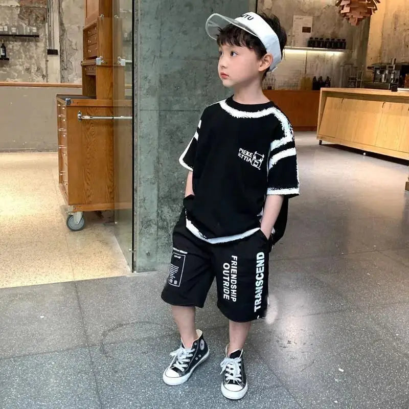 Boys' summer fashion casual sports 2-piece T-shirt+pants suitable for boys' hip-hop style fashion clothing set, lightweight and