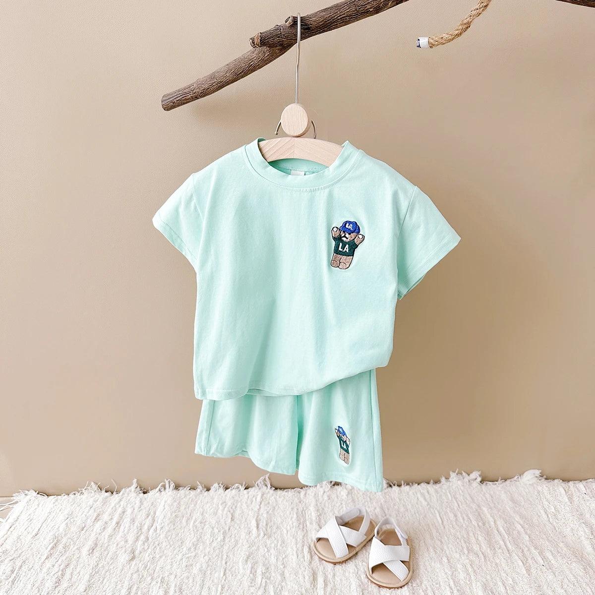 INS Summer Baby Boys Clothes Baby Girls Suit Bear Embroidery Thin Sports T-shirt Baby Cotton Infant Outfit Set Children Clothing