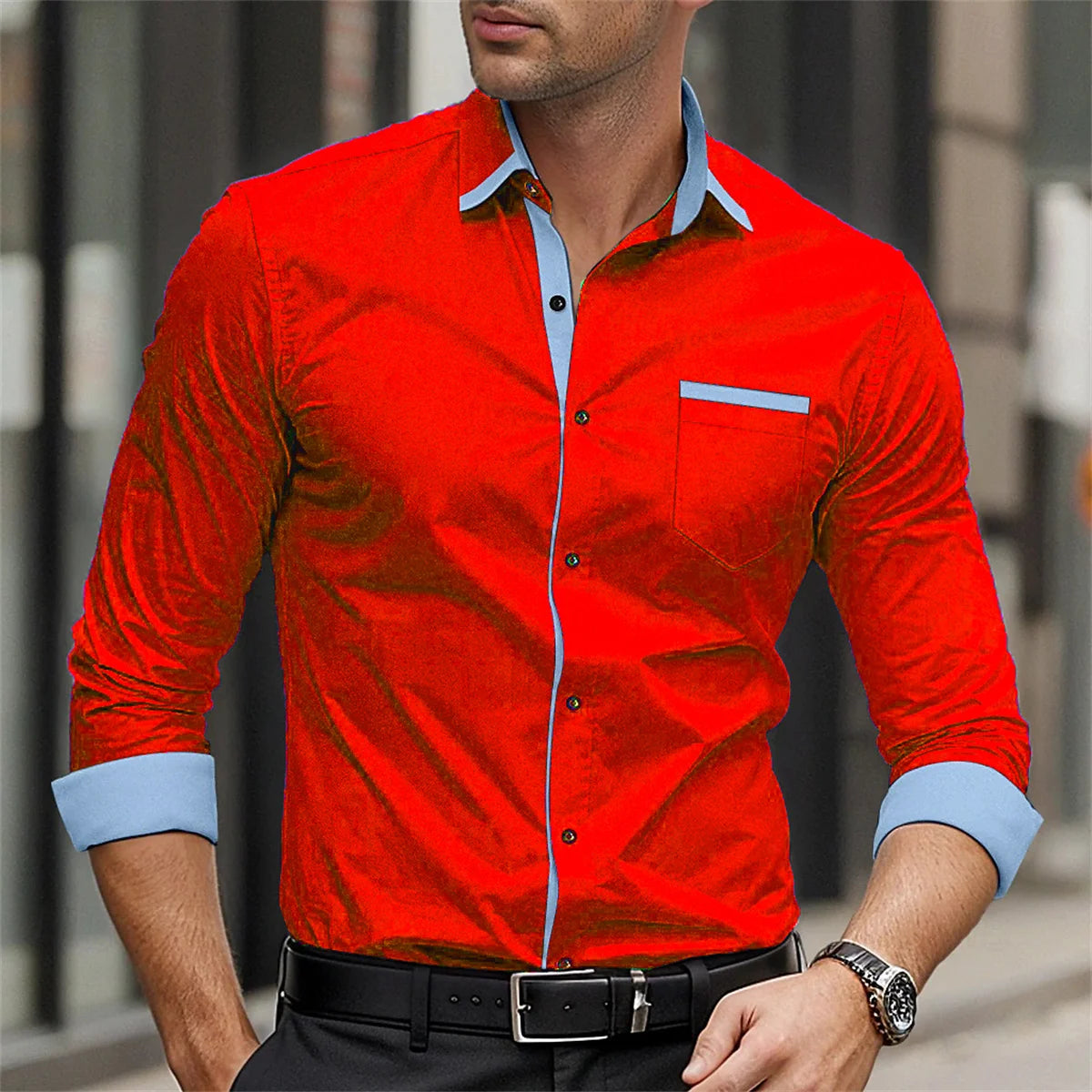 Men's formal shirt solid color splicing business casual printed shirt for spring and summer daily wear pocket comfortable shirt