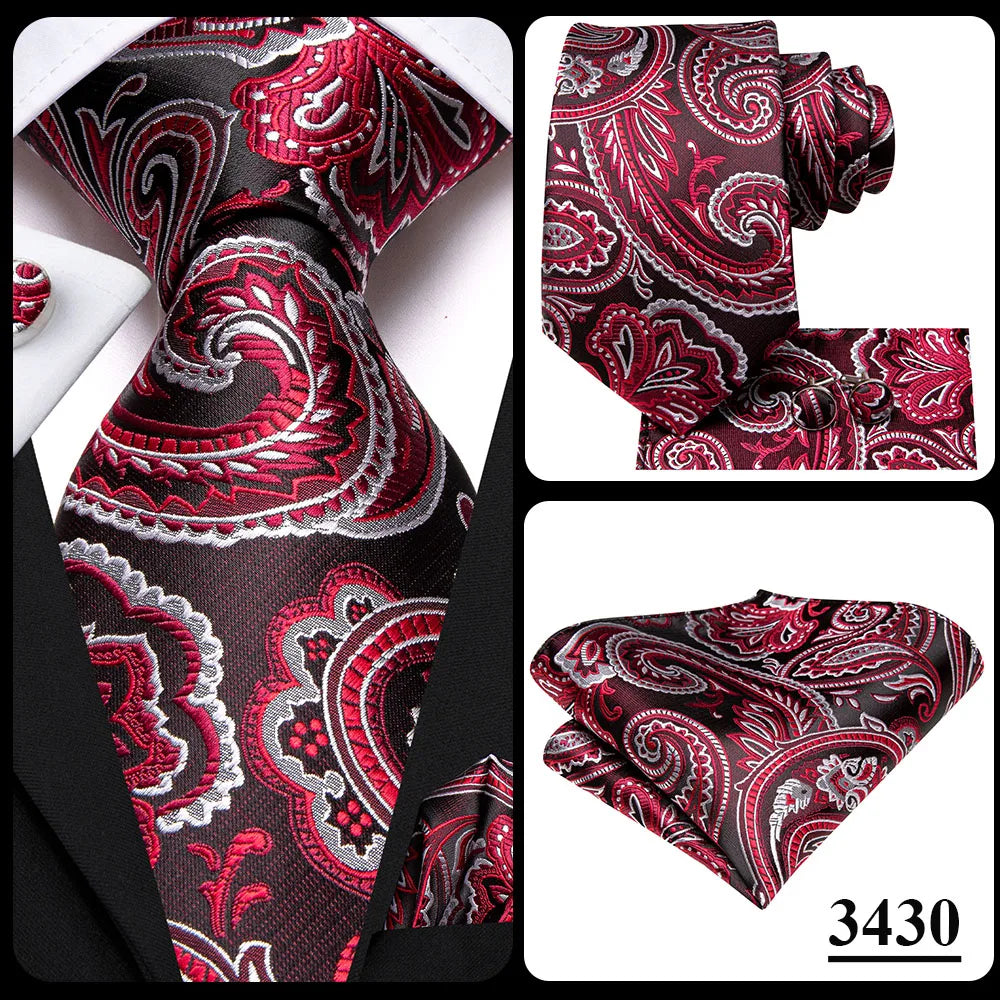 Hi-Tie Designer Red Burgundy Plaid Silk Wedding Tie For Men Handky Cufflink Gift Mens Necktie Fashion Business Party Dropshiping
