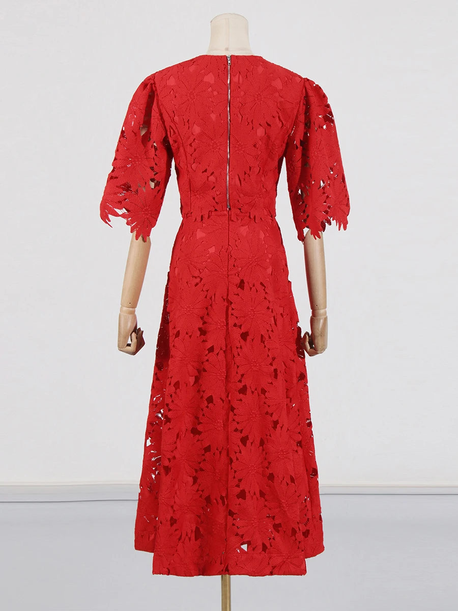 VGH Embroidery Two Piece Set for Women O Neck Batwing Sleeve Top High Waist Hollow Out A Line Long Skirt Elegant Suit Female New