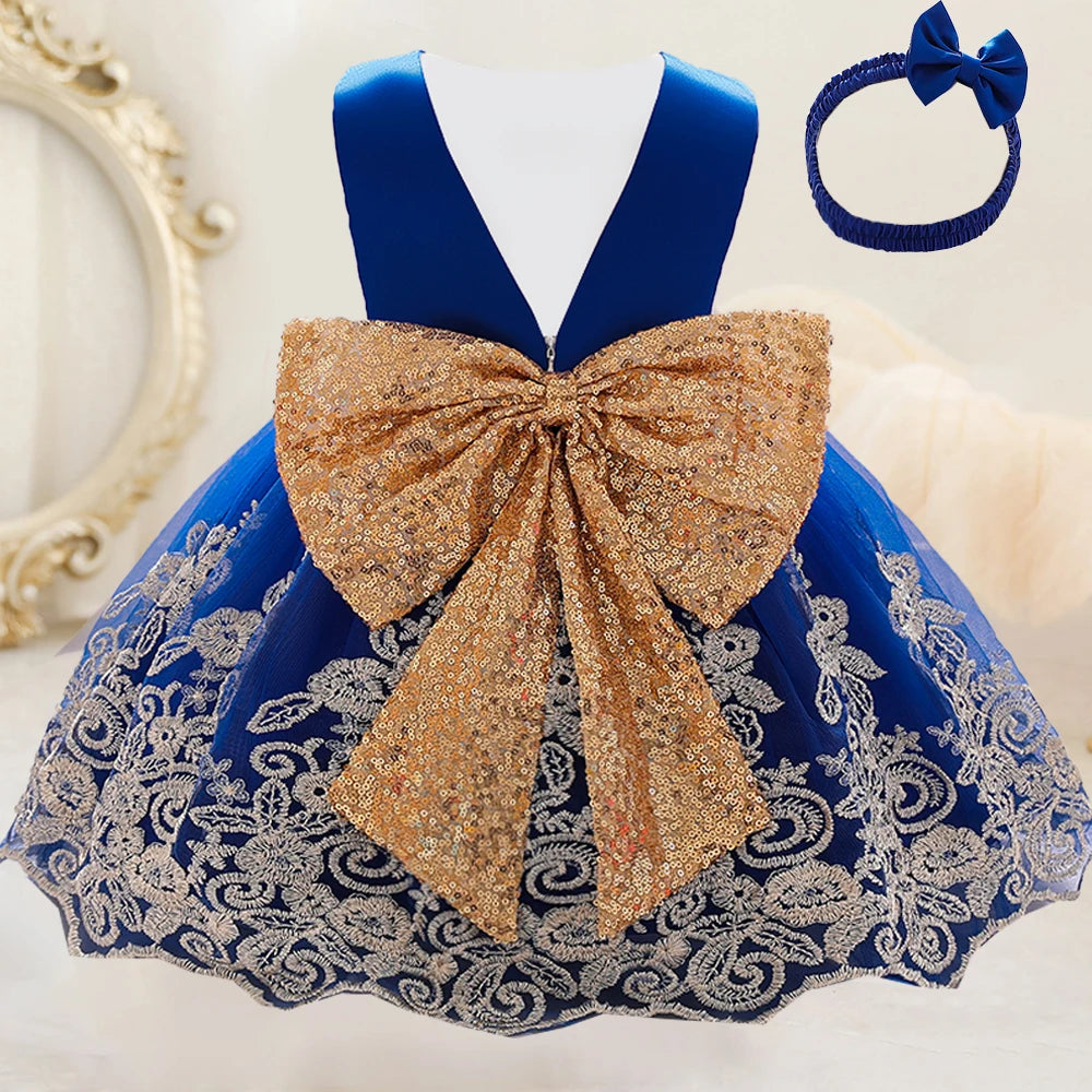Gold Bow Flower Baby Dress for Girls Christmas Costumes 1st Birthday Party Princess Dresses Wedding Formal Evening Kids Clothing