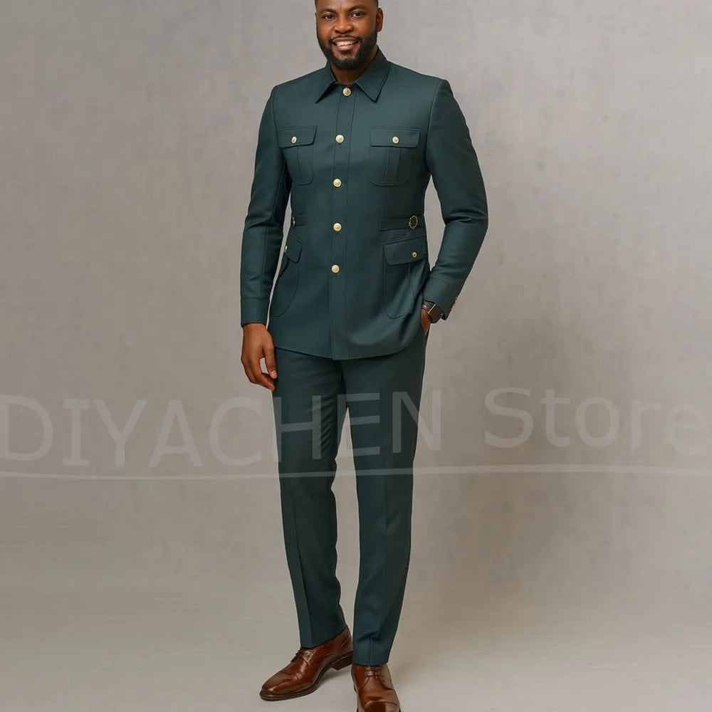 Men Suits 2 Piece Fashion Stand Collar Four Pockets Single Breasted Outfits Slim Chic Business Casual Wedding Party Tuxedos