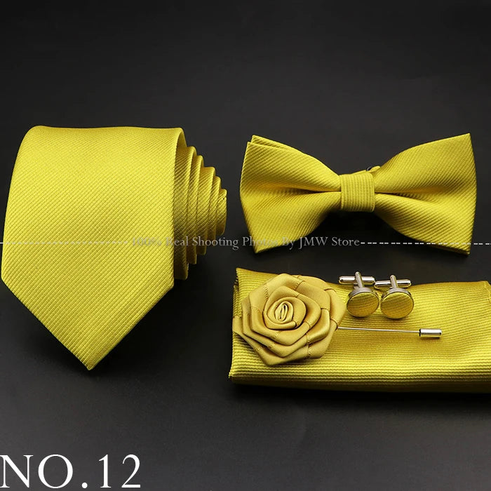 Hot Sale Red Blue Tie Set Polyester Slim Striped Necktie Bowtie Cufflink Brooch For Groom Suit Wedding Cravat Shirt Accessory