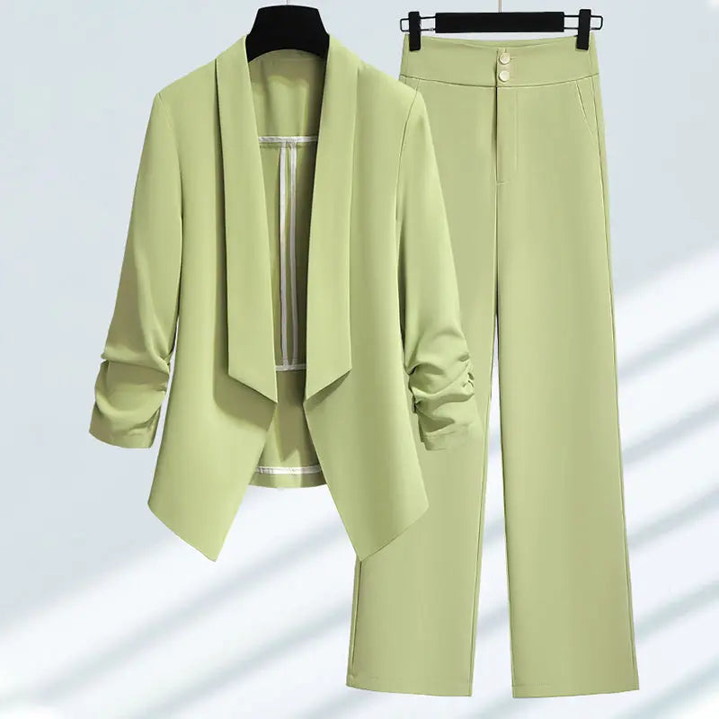 Women Spring Summer Green Blazer Pants Two Pieces Sets 2025 Office Lady Graceful Thin Suit Jacket Trousers Outfits Work Clothing