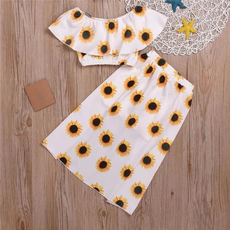 Kids Girls Clothing Sets Floral Print Off Shoulder Crop Top and Culotte Skirt Suits ( Not Include Hats, Bags,Glasses)