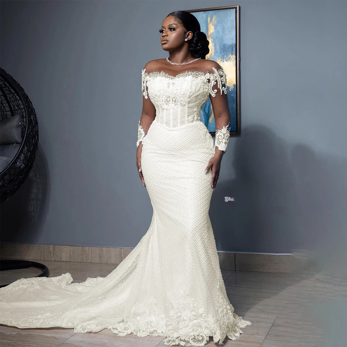 Customized Mermaid Wedding Dresses For Bride Women Elegant Sheer Long Sleeves Bridal Gowns Lace Customized Vestido De Novia