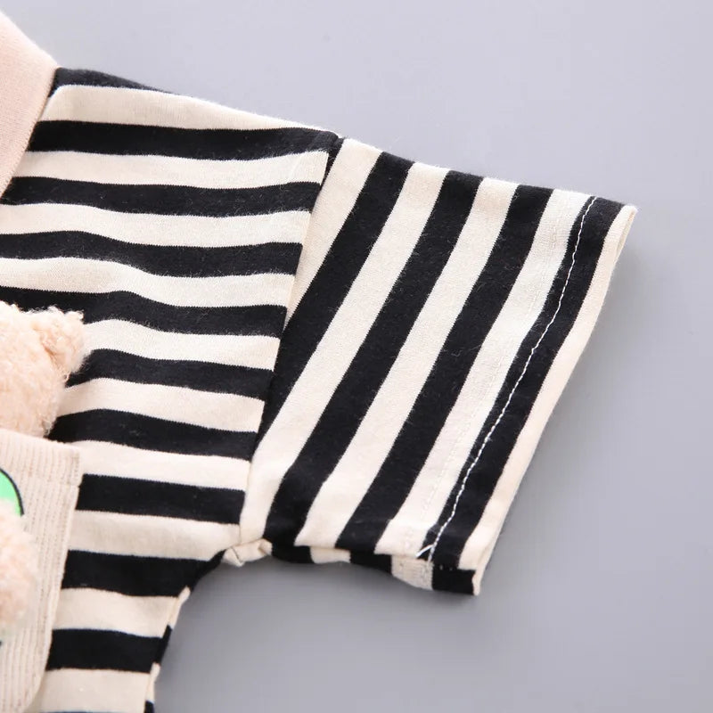 Fashion Summer Kids Baby Boys Striped Suits Short Sleeve T-Shirt with Doll+Shorts Casual Clothes Outfit Girls Clothing 2PCS/Set