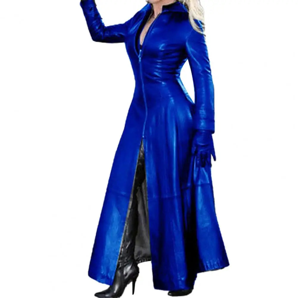 Loose Leather Jacket Trench Women Lapel Collar Zipper Cyberpunk Coat Tight Waist Split Hem Autumn Winter Long Jacket PU