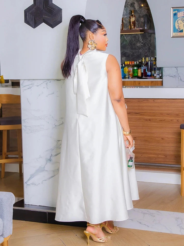Woman African Traditional Dresses Summer Elegant Sleeveless Dress Stretchy Fake Silk Midi Dresses Luxury Wholesale Dropshipping