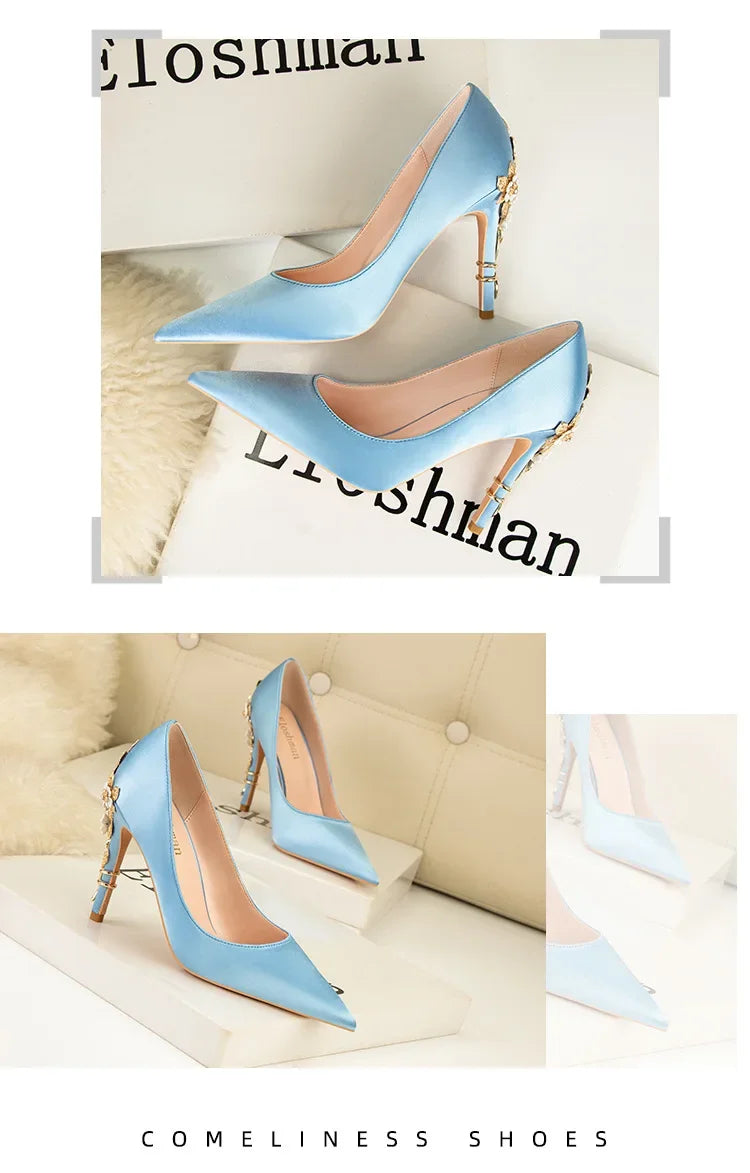 Women's Metal Flowers Stiletto High-heel Shoes Female Light Luxury Sexy Fashion Wedding Shoes Pointed Toe Satin Single Shoes
