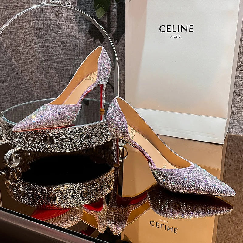 High Heels 2024 Summer New Fashion Versatile Black Rhinestone Single Shoe Red Sole Slim Heel Temperament Women's Shoes