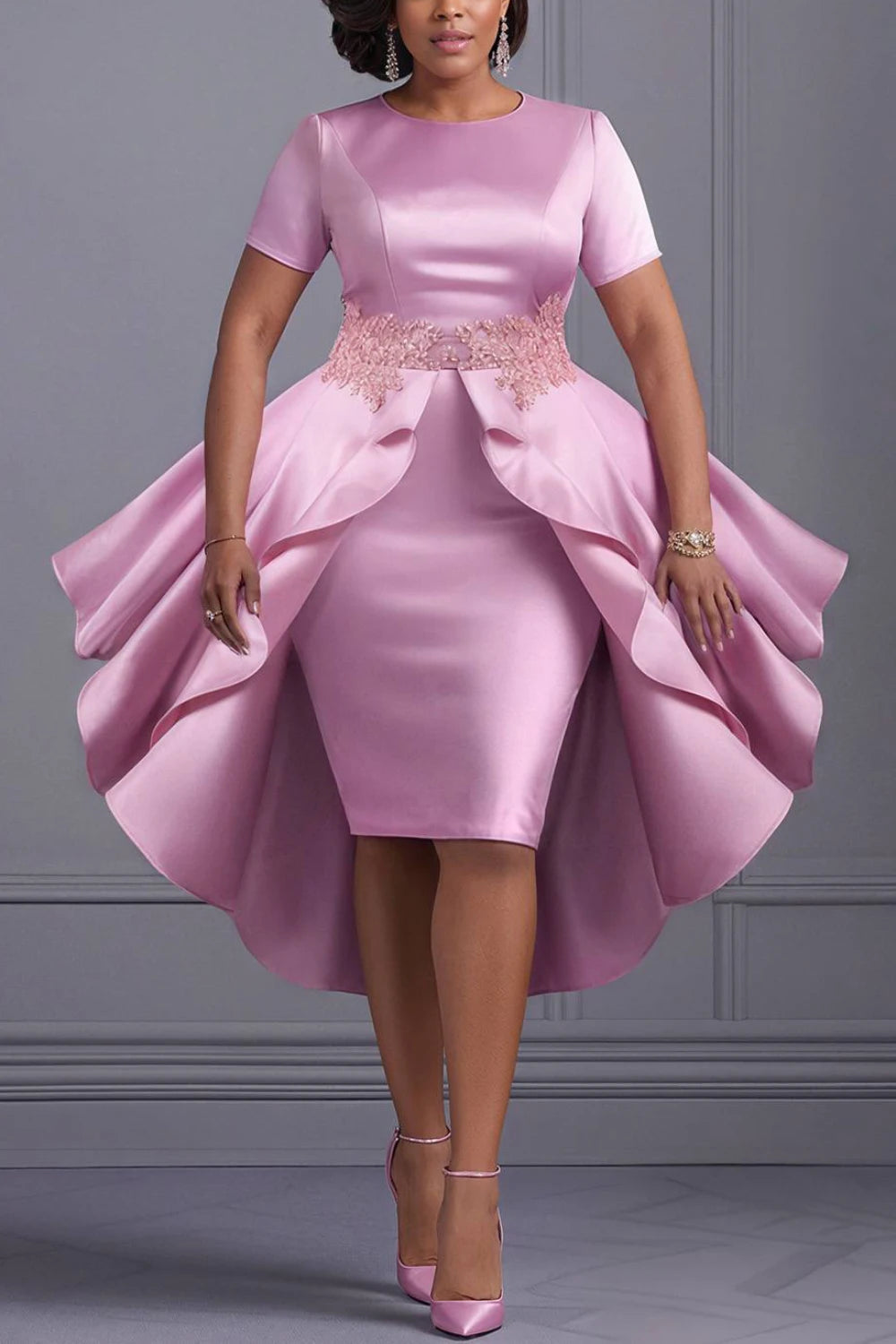 Plus Size Mother Of The Bride Pink Round Neck Short Sleeve With Skirt Overlay Elegant Bodycon Midi Dresses