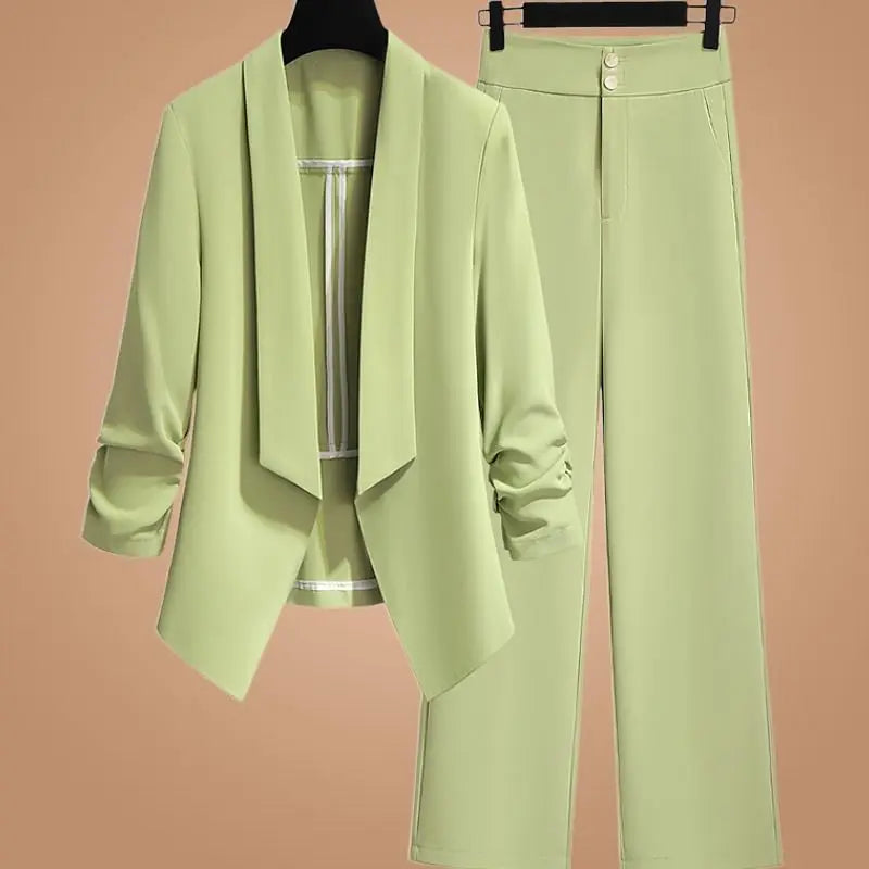 Women Spring Summer Green Blazer Pants Two Pieces Sets 2025 Office Lady Graceful Thin Suit Jacket Trousers Outfits Work Clothing