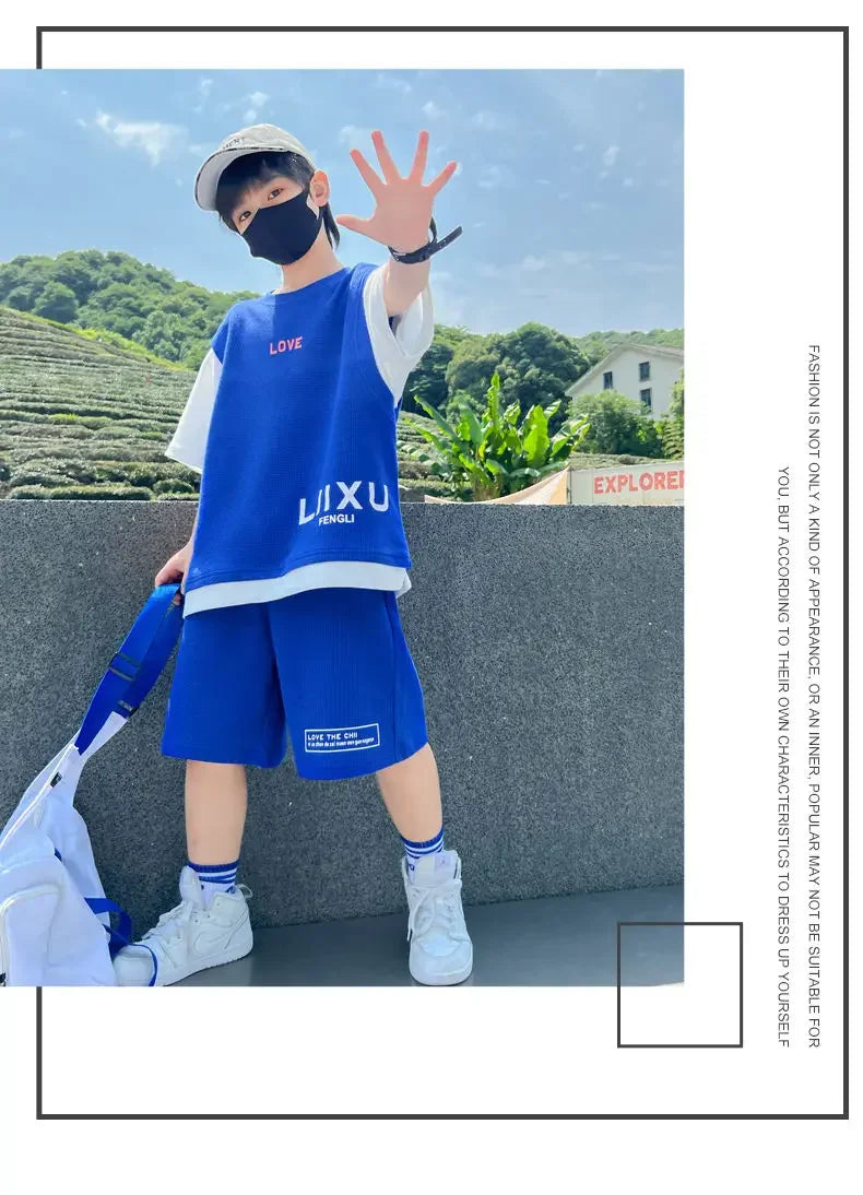 Junior Boys Summer Suit Children's Fashion Patchwork Short Sleeve Shorts Sports Suit Clothing 3-14Y Trend