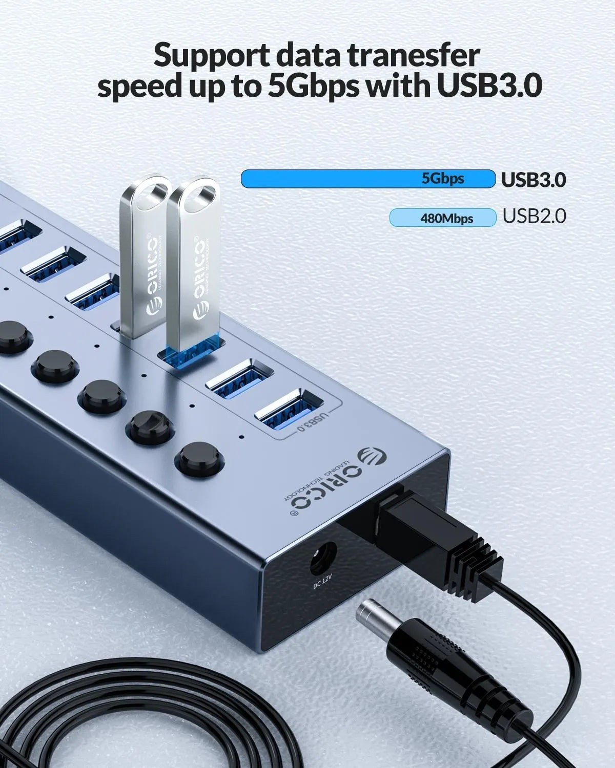 ORICO Aluminum Powered USB3.0 HUB 7/10 Ports USB Extension with Switches 12V Power Adapter Support BC1.2 Charging Splitter