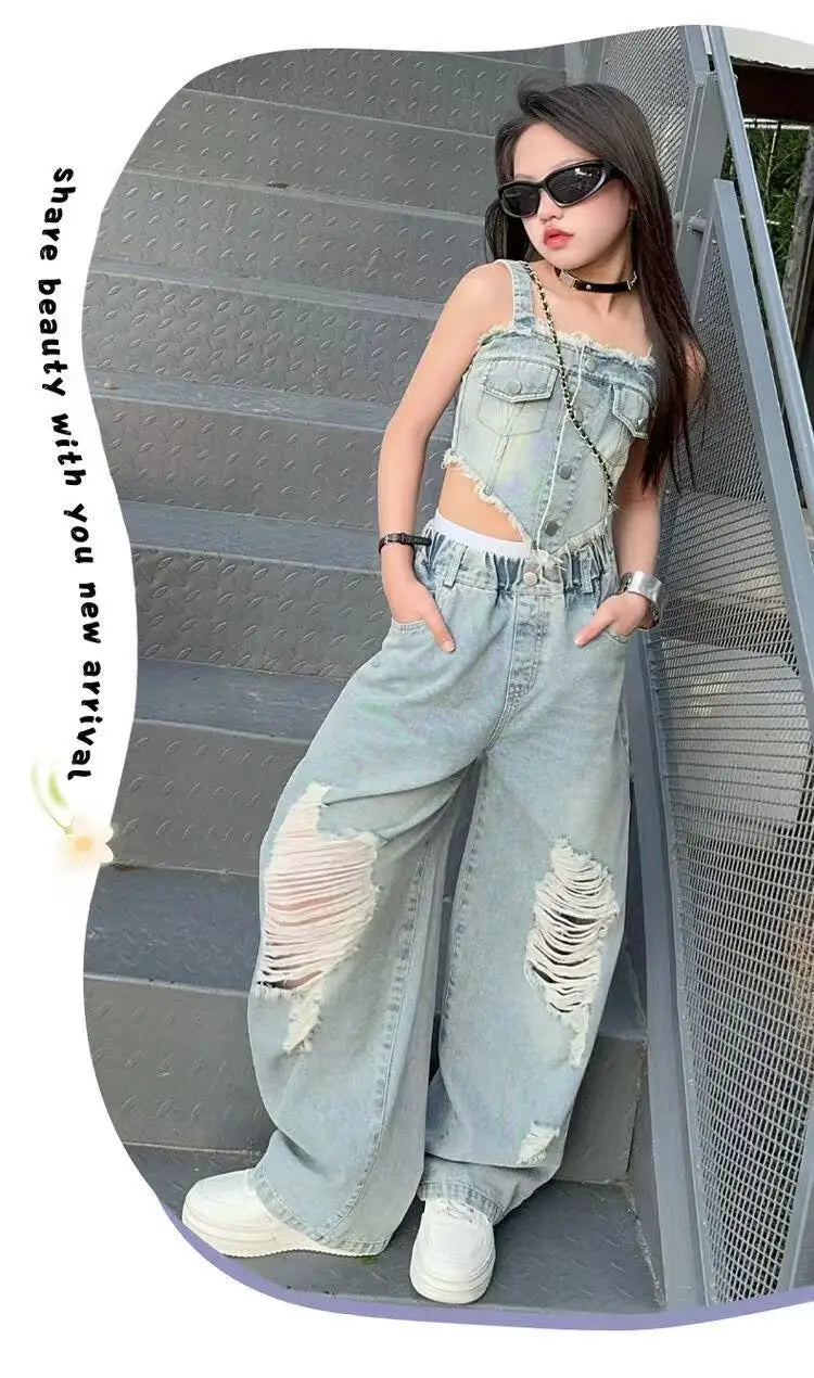 Girl Summer 2025 Halter Vest Ripped Wide-Leg Pants Two-Piece Set Kids Casual Harbor Flavor Simple Style