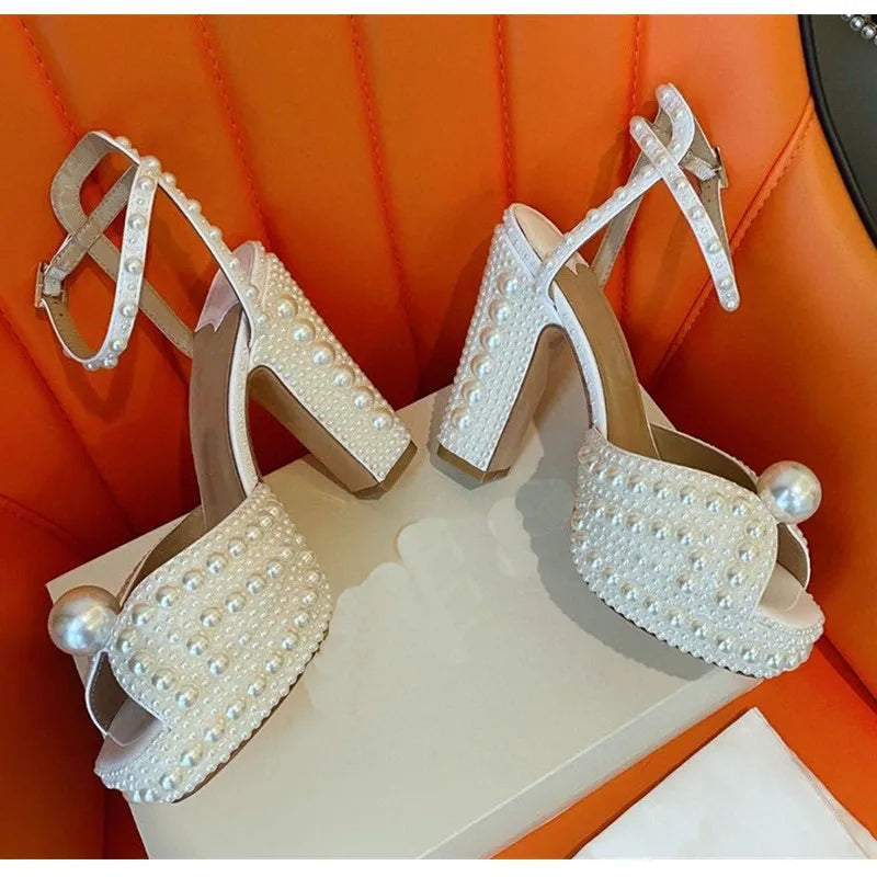 Fully Handmade Luxury Pearls Thick Heeled Peep toe Women Sandals Summer Fashion Platform Wedges High heels Wedding Banquet Shoes