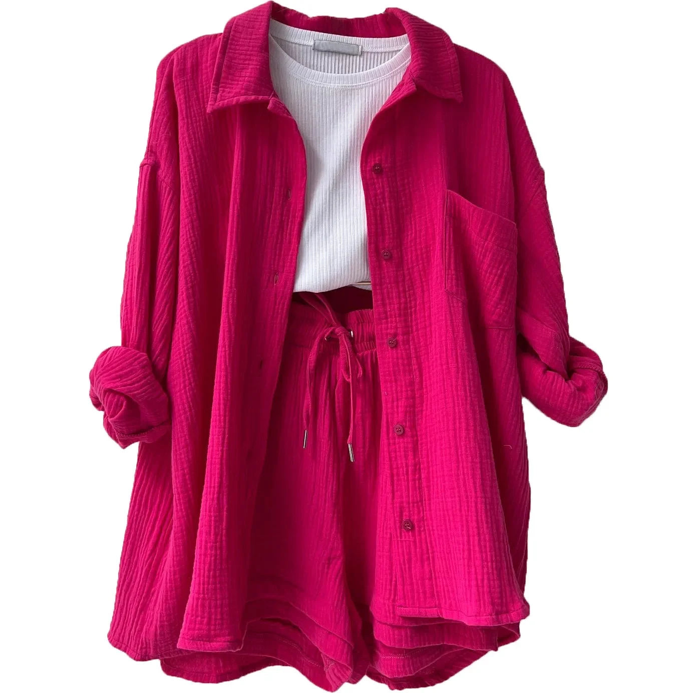Short Sets Women Tracksuit Single Breasted Cardigan Blouses Two Pieces Shorts Loose Button High Street Solid Pockets Folds