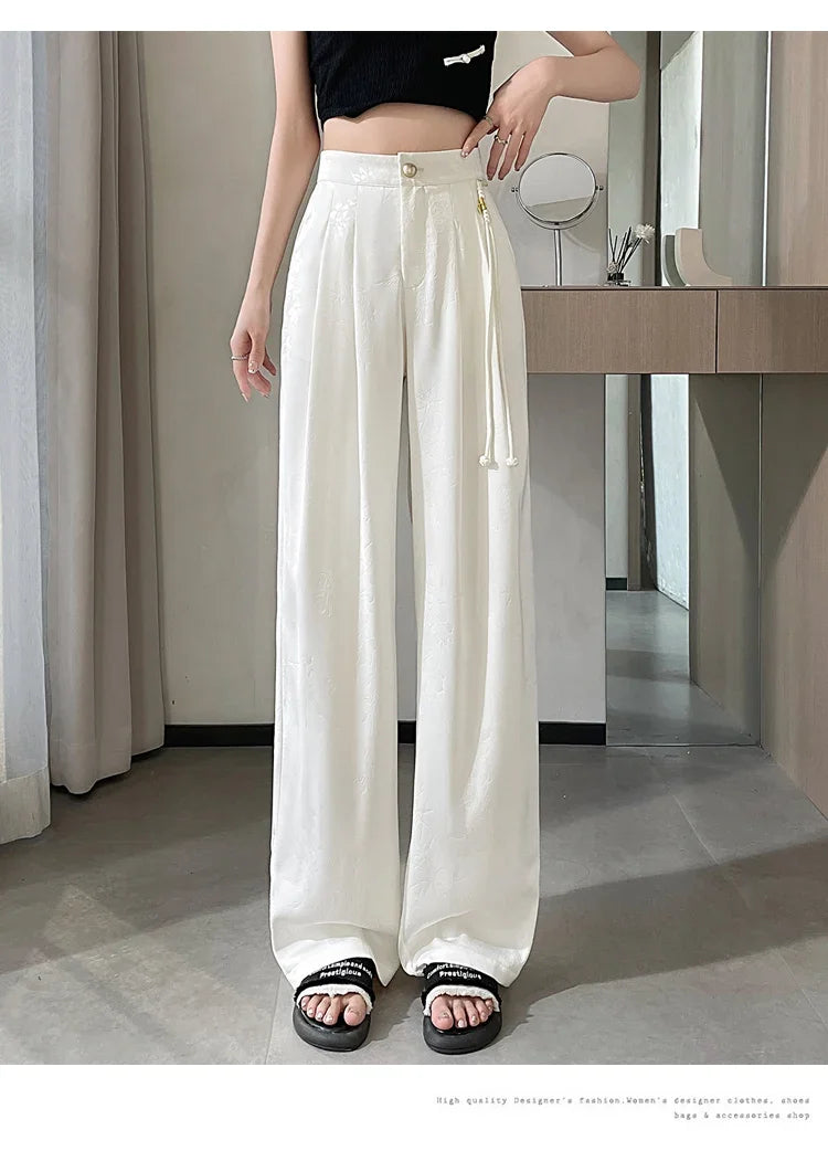 New Chinese Style Jacquard Wide Leg Satin Pants for Women Elegant Solid Office Lady Women's Casual Loose Pants Female