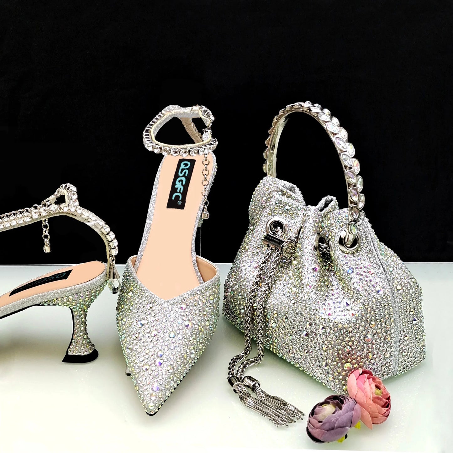 QSGFC New Gold Glitter Fabric Pointed Toe High Heels With A Variety Of Shapes Of Rhinestones Fashion Party Ladies Shoes And Bag