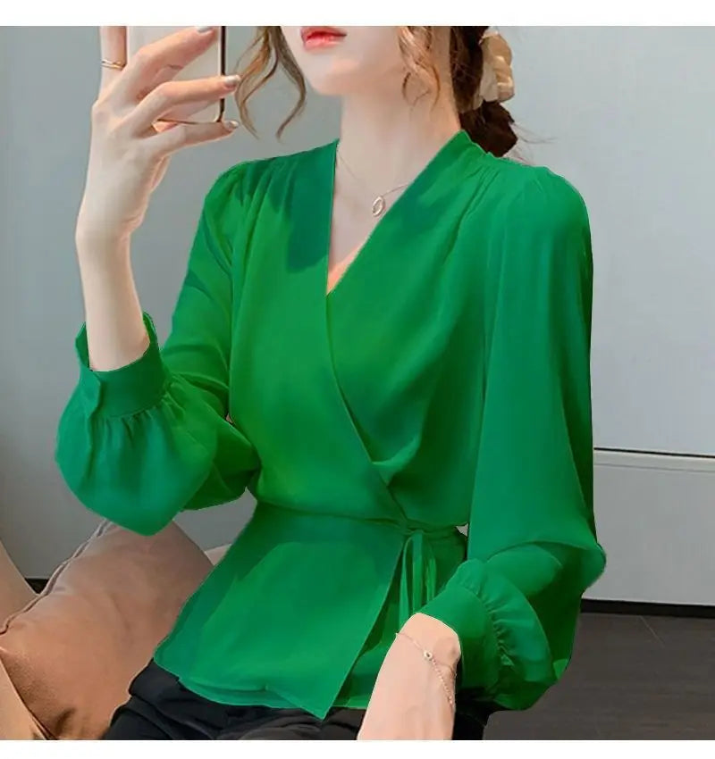 Stylish V-Neck Solid Color All-match Bandage Chiffon Shirt Women's Clothing 2025 Spring New Loose Korean Tops Irregular Blouse