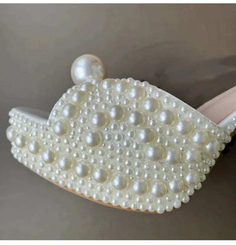 Fully Handmade Luxury Pearls Thick Heeled Peep toe Women Sandals Summer Fashion Platform Wedges High heels Wedding Banquet Shoes