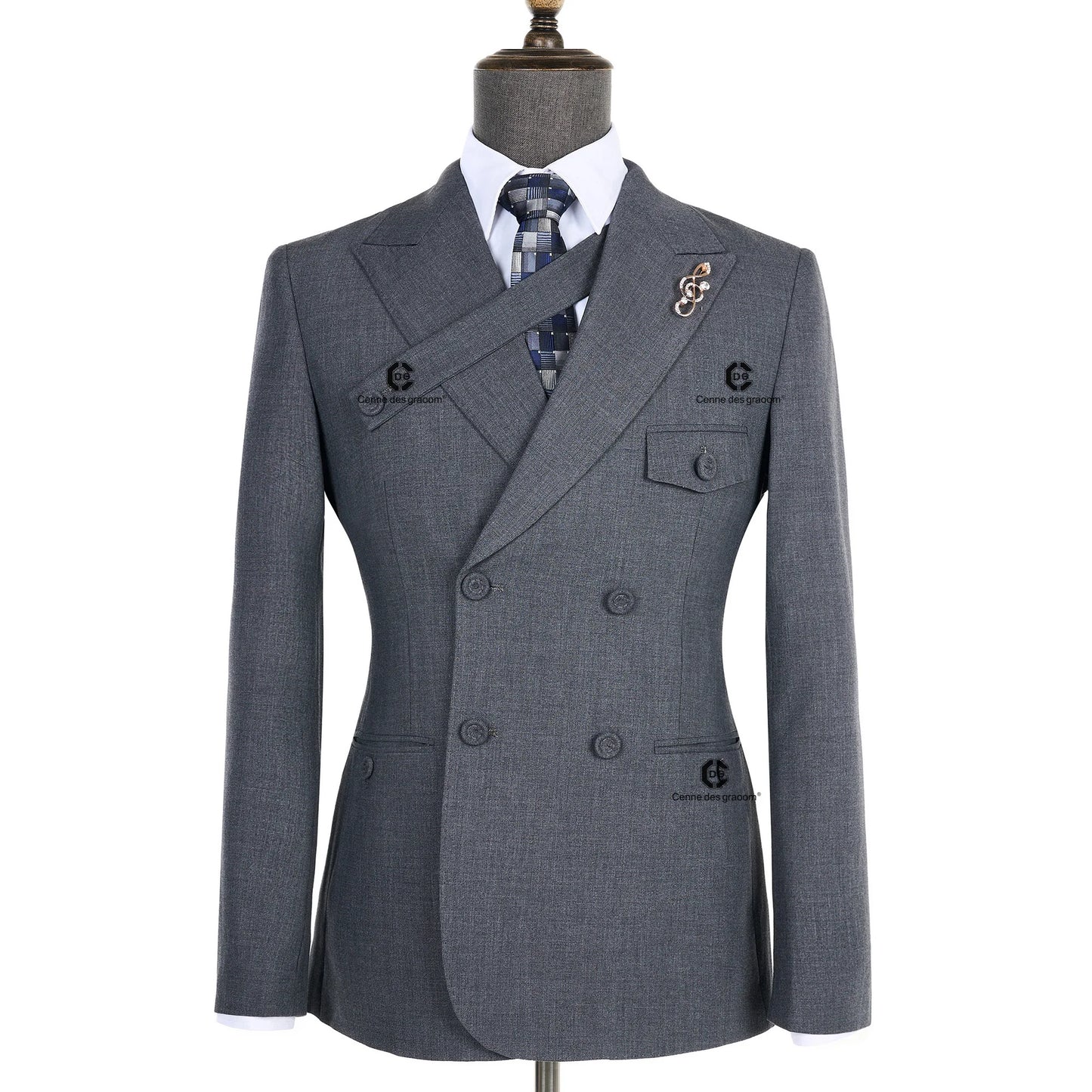Cenne Des Graoom 2024 New Elegant Grey Suits for Men Double Breasted Hand Sewn Buttons 2 Pieces Set High Quality Wedding Party