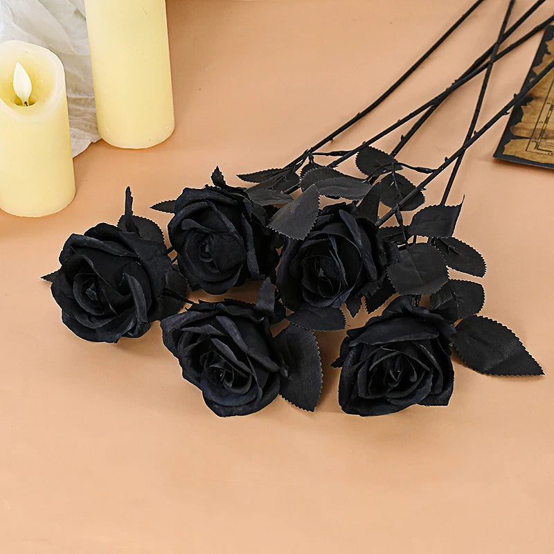 5Pcs Silk Black Rose Artificial Flower Fake Flower Bouquet For Wedding Party Decoration Home Decoration Garden Accessories