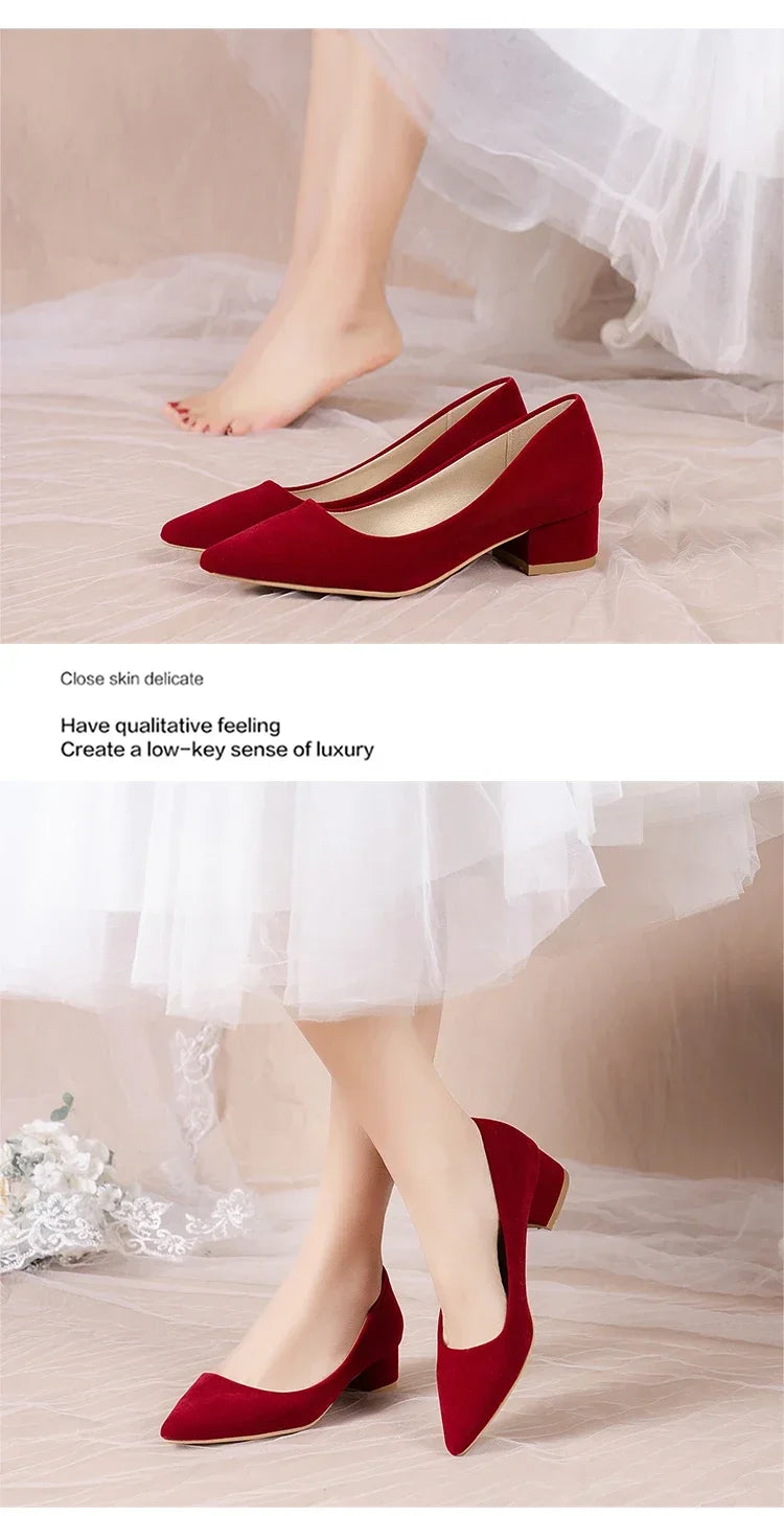 French Red Wedding Shoes for Women 2024 Spring/Summer/Autumn New Pointed Thick Heels Not Tiring Feet Bride Shoes