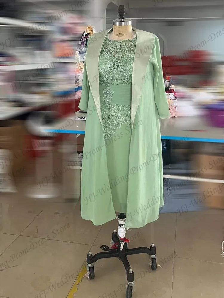 Mother of the Bride Dresses For Weddings Midi Dusty Blue Knee-Length Floral Lace Appliques Layered Ruched فستان