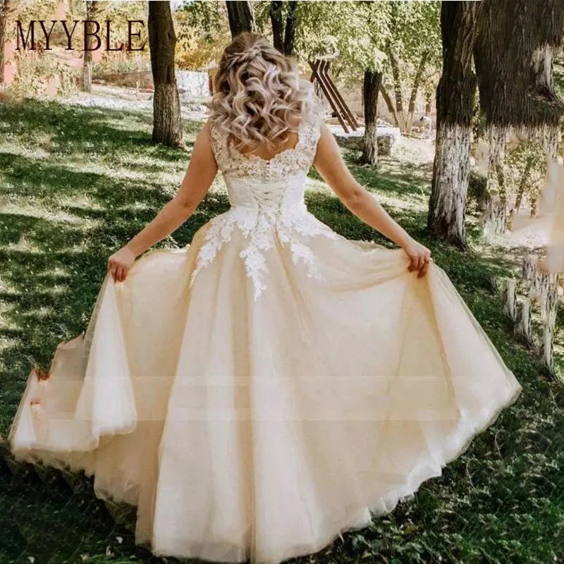 Customized Plus Size V Neck Applique Cap Sleeve Elegant A-line Wedding Dresses Lace Up Champagne Bridal Dress Vestido De Novia