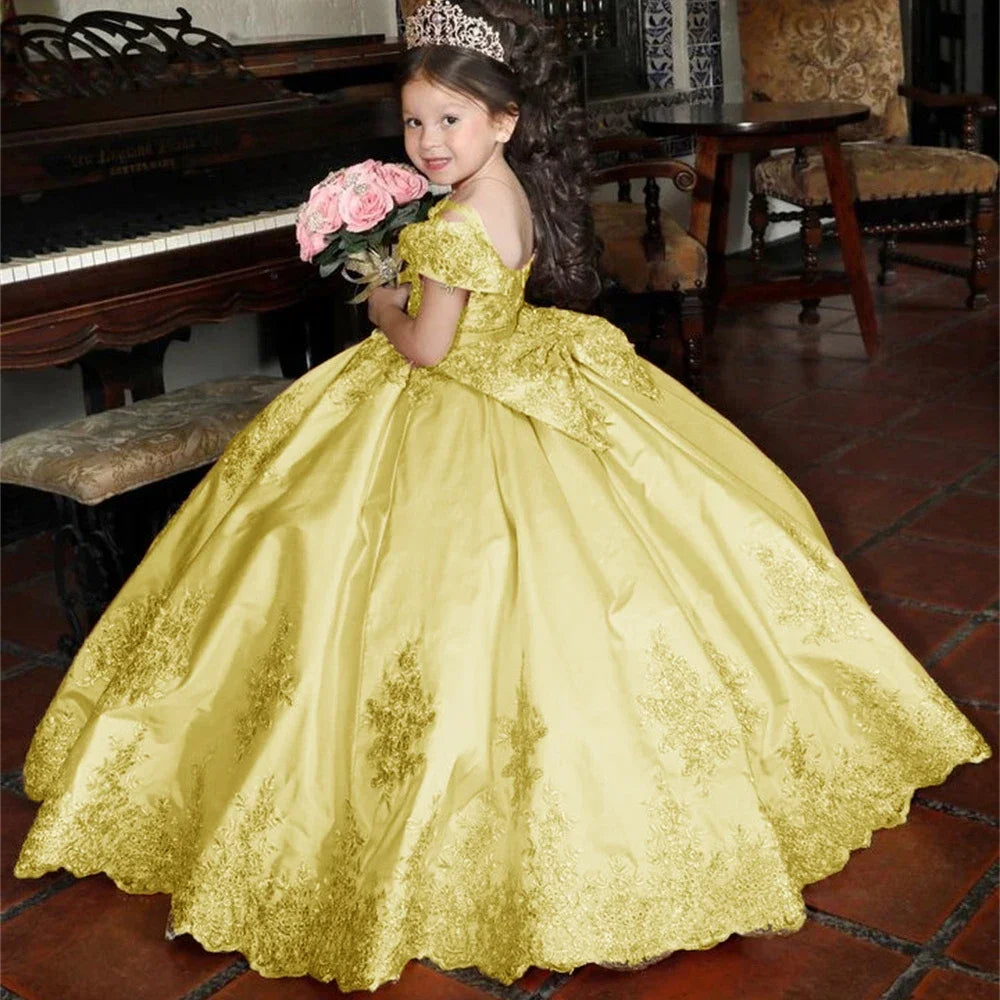 Luxury Golden Applique Full Ball Princess Wedding Party Flower Girl Dress Off The Shoulder Floor Length First Communion Gown New