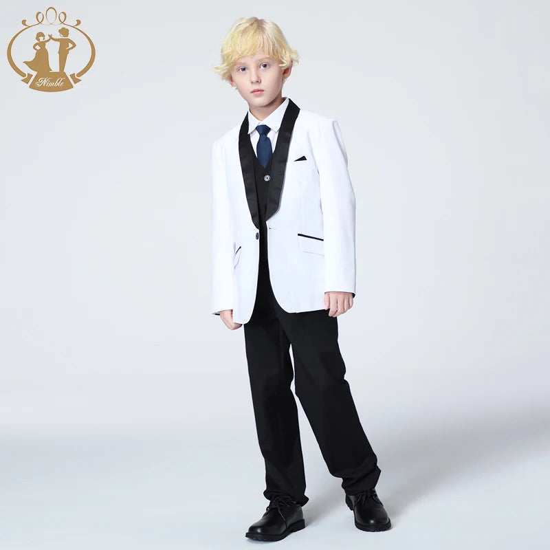 Spring Autumn Formal Suit for Boys Children Party Host Wedding Costume Coat Vest Pants 3Pcs White Wholesale Clothing Sets