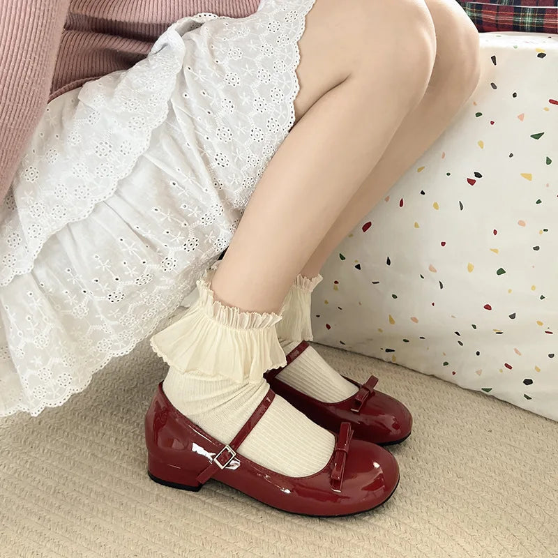 Spring Autumn Wine Red Mary Jane Shoes For Women Low Heel Fashion Butterfly-knot Roud Toe Female Eelgant Dress Leather Shoes