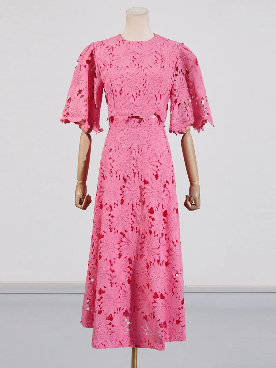 VGH Embroidery Two Piece Set for Women O Neck Batwing Sleeve Top High Waist Hollow Out A Line Long Skirt Elegant Suit Female New