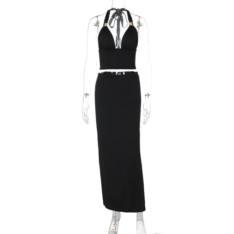 Mozision Elegant Summer 2 Piece Sets Women Metal Ring Crop Tops And Maxi Skirt Female Fashion Solid Lace-up Beach Two Piece Sets